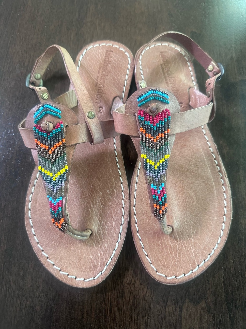 Free People Laidback London Brown Leather Multicolor Beaded Sandals 38 7 NWT
